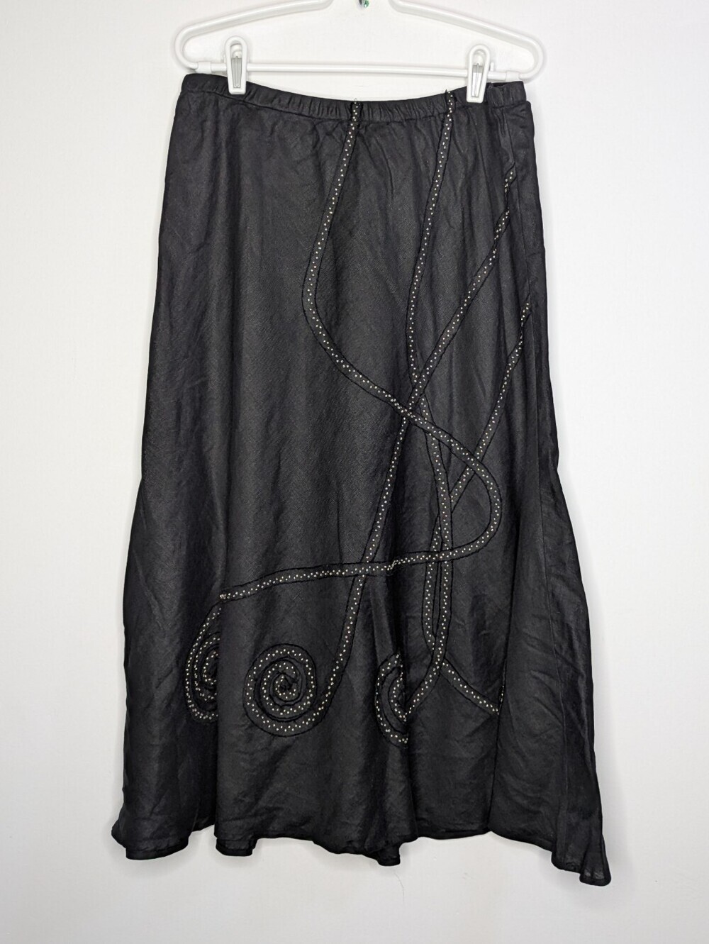 Vintage JM Collection Black Swirl Beaded Linen Midi Skirt 16